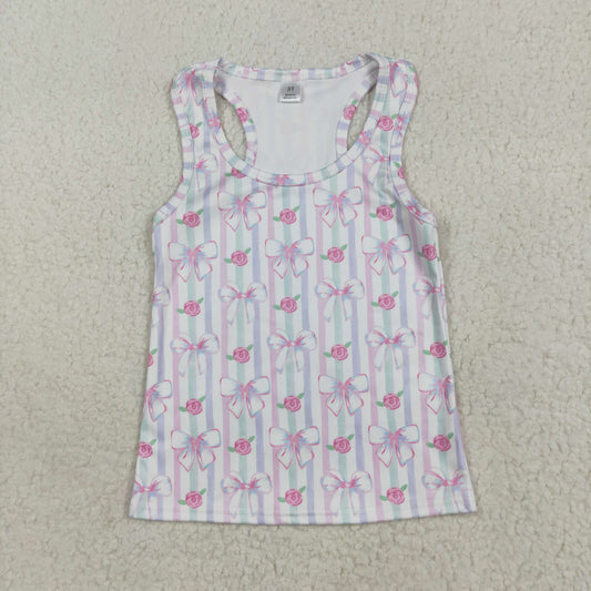 GT1014  Baby Girls Sleeveless Lavender Bows Flowers Stripe Yoga Shirts Top D 7.14