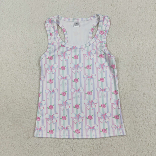 GT1014 Baby Girls Sleeveless Lavender Bows Flowers Stripe Yoga Shirts Top D 7.14