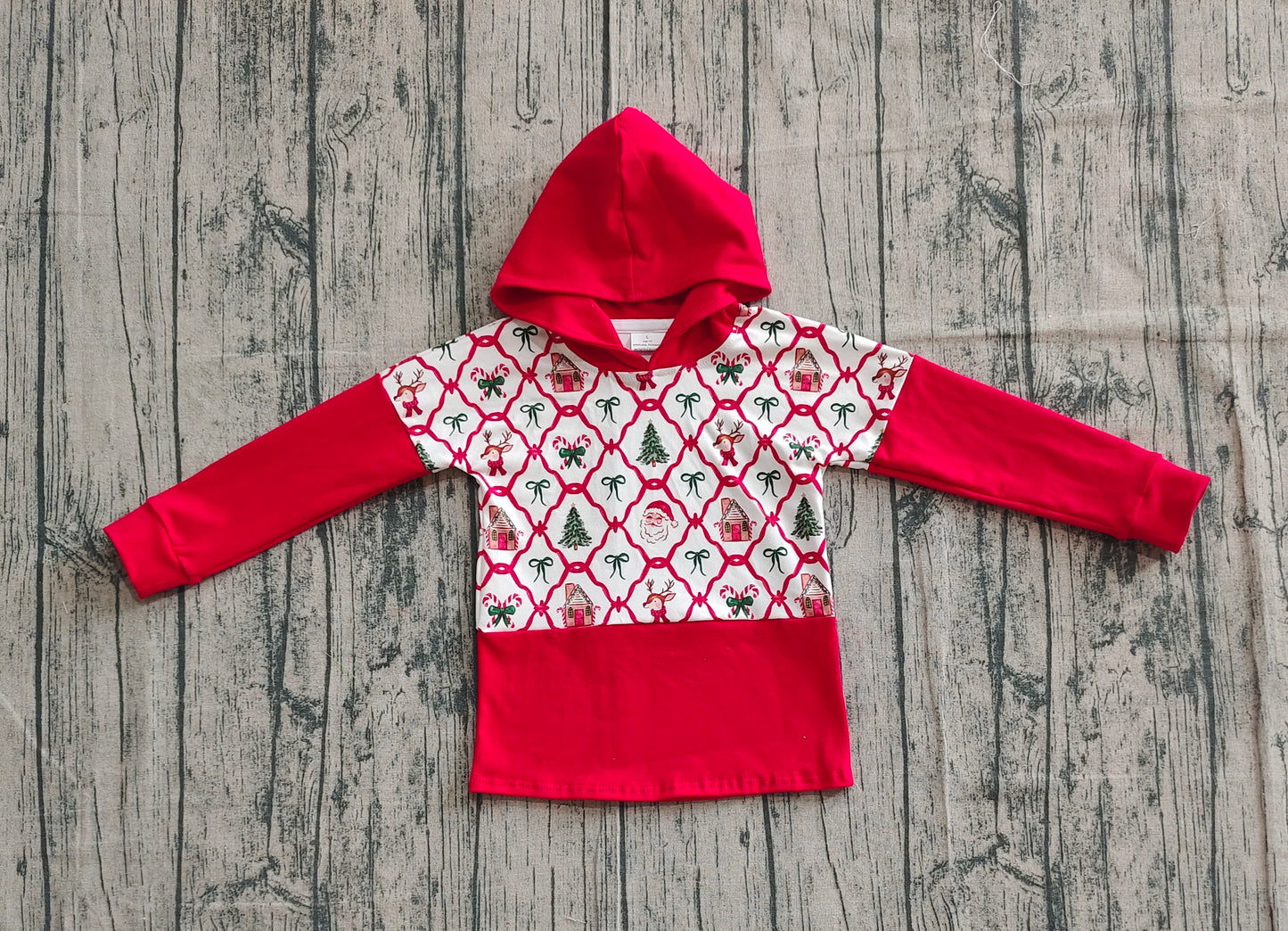 GT1042 Baby Girls Red Long Sleeves Bows Gingerbread Trees Santa Hoodies Top D 925