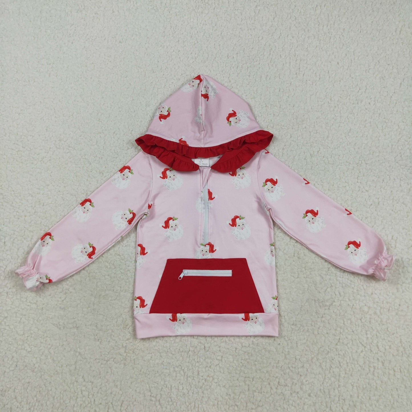 GT1047  Baby Girls Pink Long Sleeves Santa Pocket Zipper Hoodies Top D 8.11