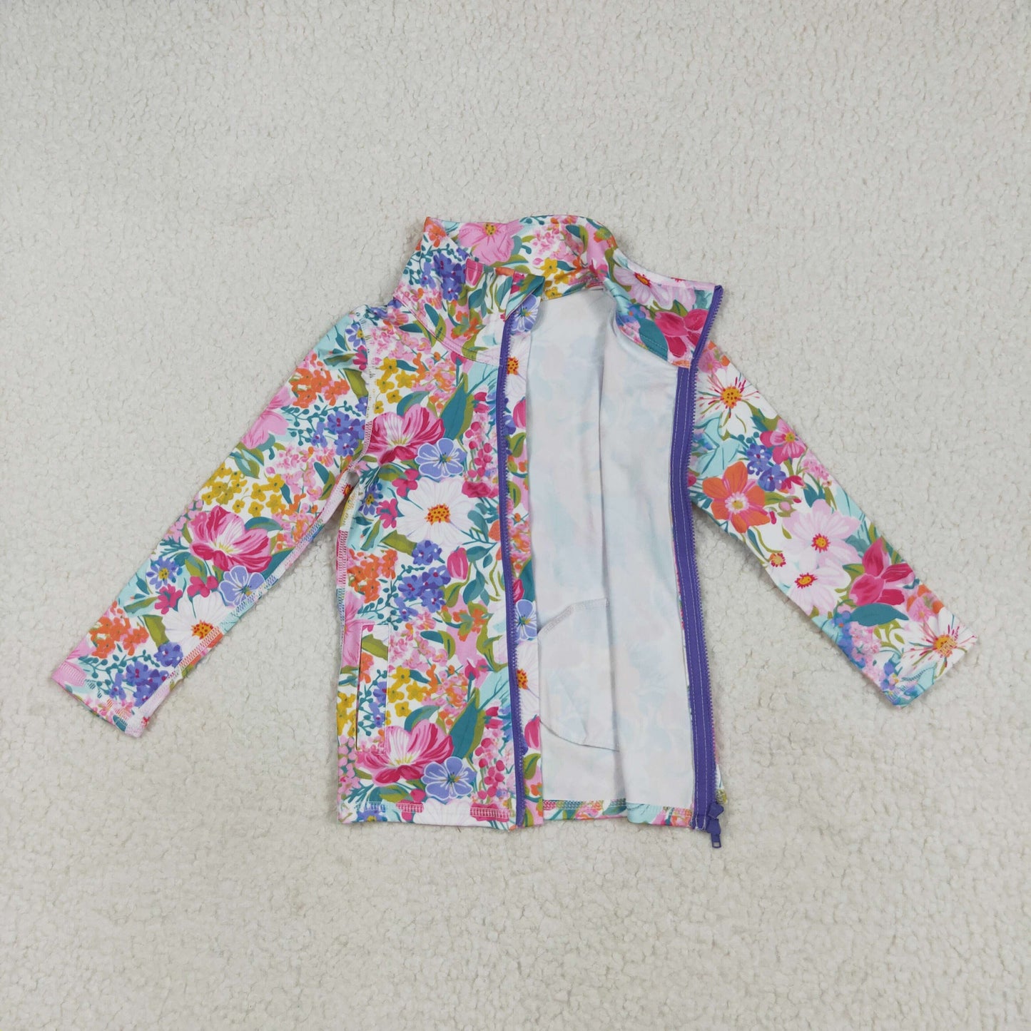 GT1061  Baby Girls Long Sleeves Pink Lavender Floral Pockets Zipper Yoga Jackets D 7.21