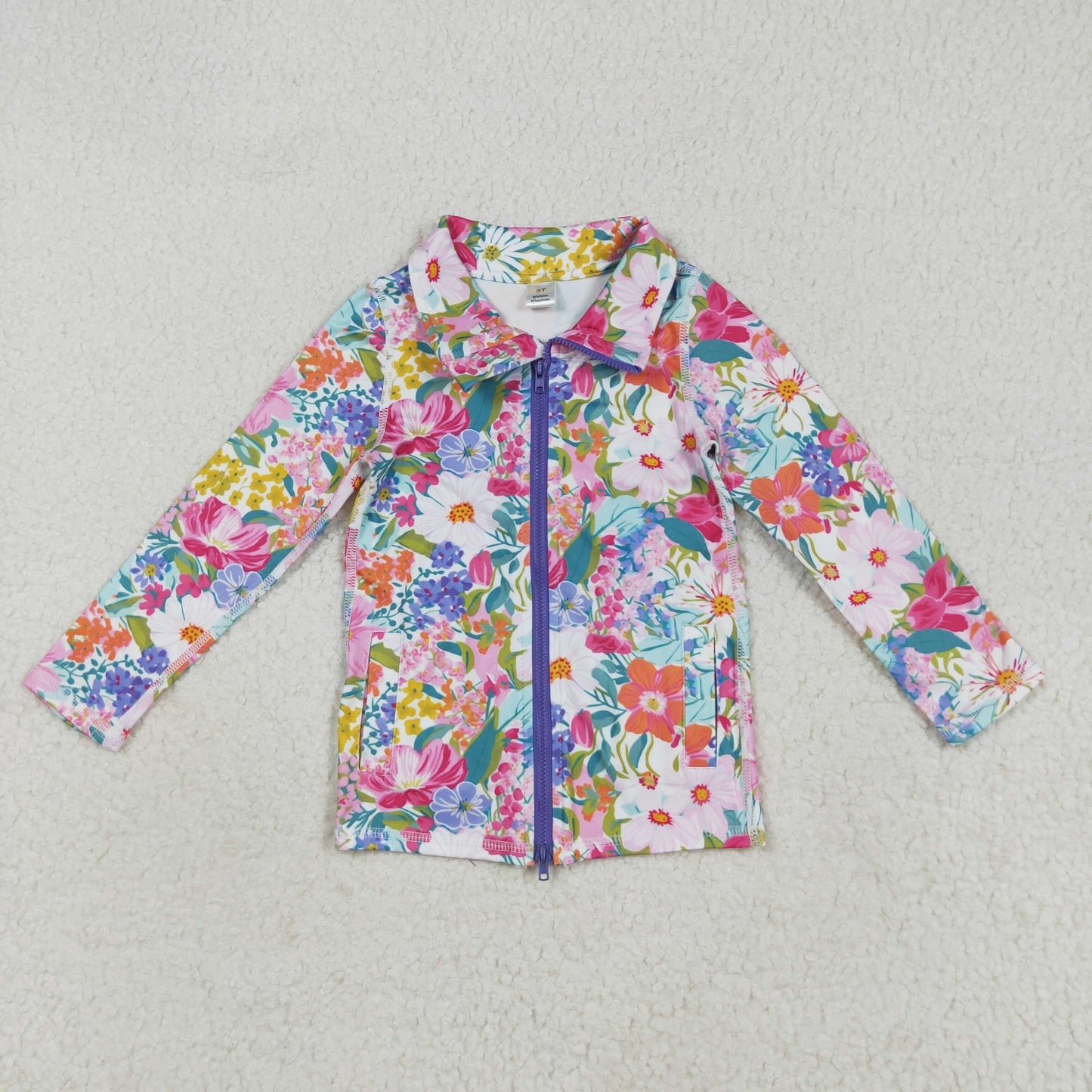 GT1061  Baby Girls Long Sleeves Pink Lavender Floral Pockets Zipper Yoga Jackets D 7.21
