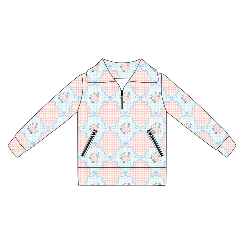 GT1062  Baby Girls Long Sleeves Pink Flowers Plaid Pockets Zipper Yoga Jackets D 822