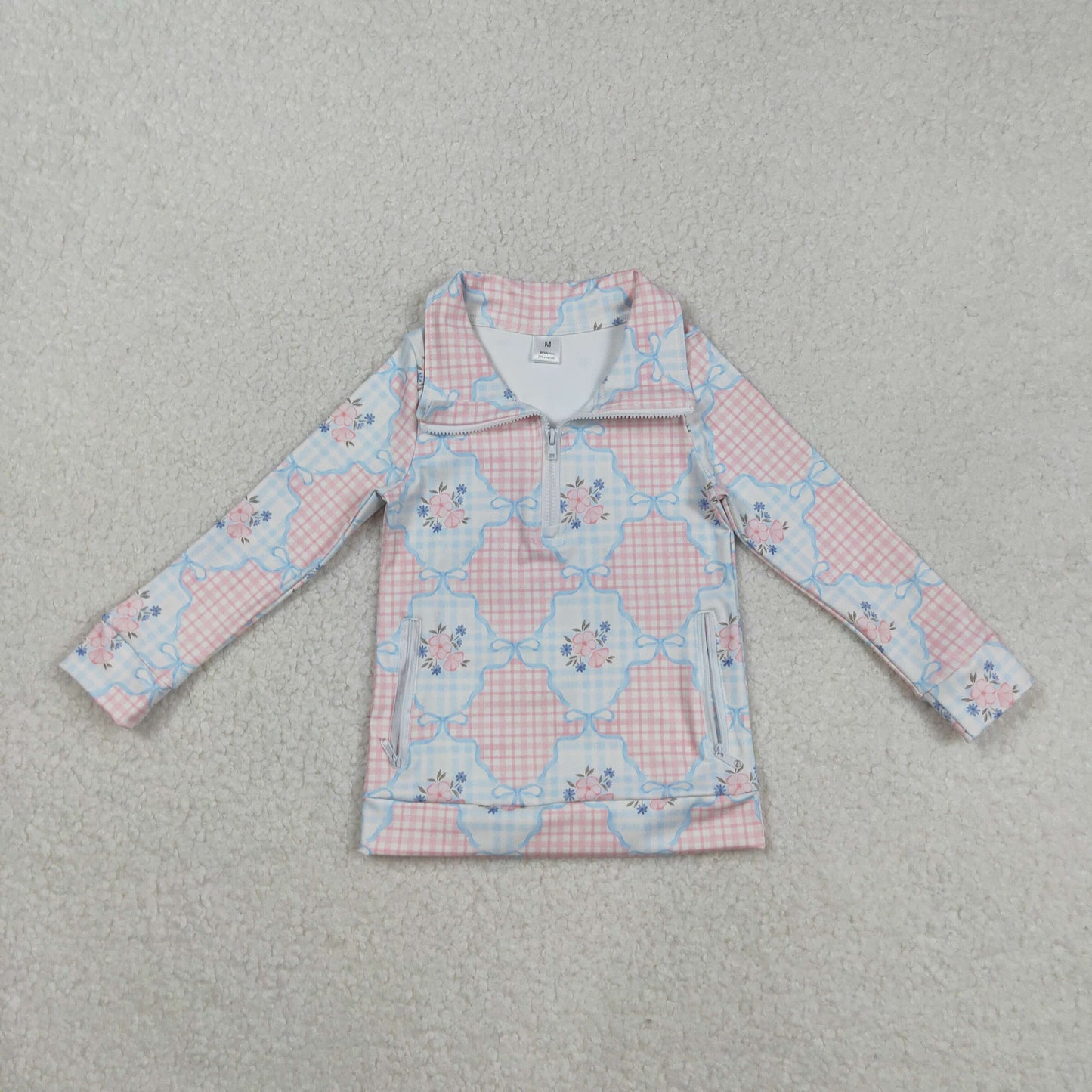 GT1062  Baby Girls Long Sleeves Pink Flowers Plaid Pockets Zipper Yoga Jackets D 822