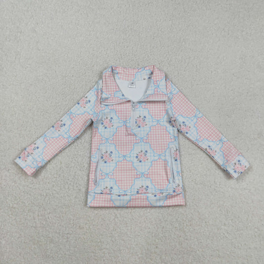 GT1062 Baby Girls Long Sleeves Pink Flowers Plaid Pockets Zipper Yoga Jackets D 822