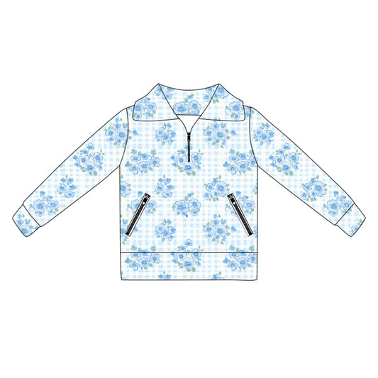 presale GT1064 Baby Girls Long Sleeves Blue Flowers Plaid Pockets Zipper Yoga Jackets  D 5.30