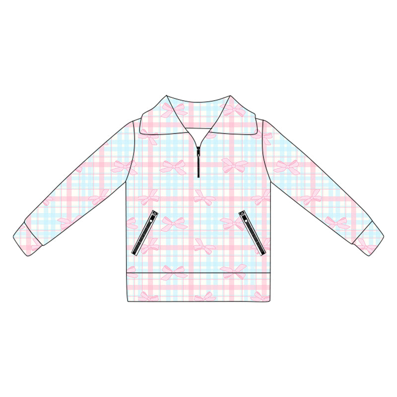 presale GT1067 Baby Girls Long Sleeves Pink Bows Plaid Pockets Zipper Yoga Jackets  D 5.30