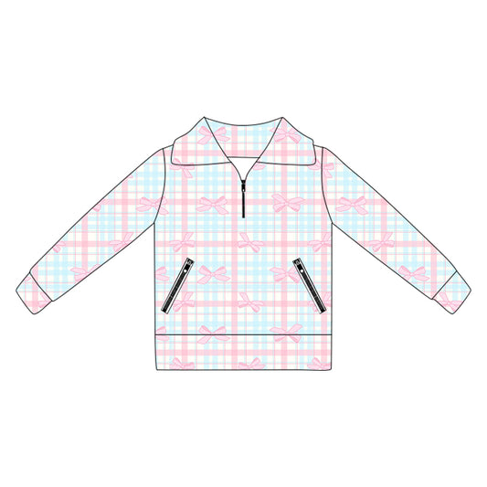 presale GT1067 Baby Girls Long Sleeves Pink Bows Plaid Pockets Zipper Yoga Jackets D 5.30