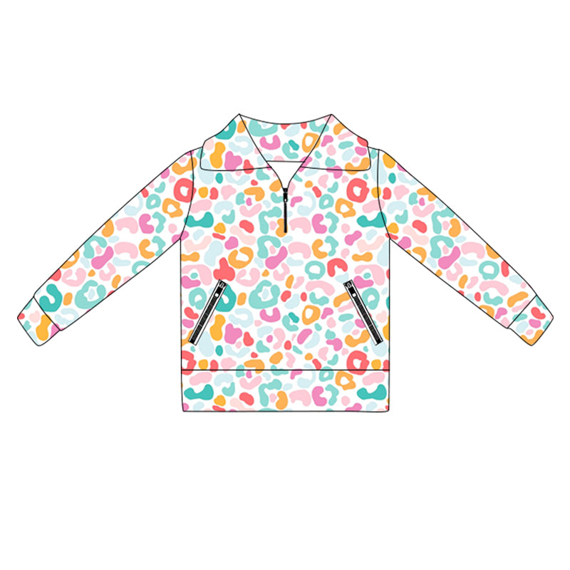 presale GT1068  Baby Girls Long Sleeves Pink Blue Leopard Pockets Zipper Yoga Jackets  D 5.30