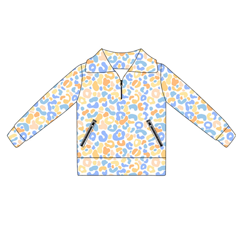 presale GT1069 Baby Girls Long Sleeves Blue Yellow Leopard Pockets Zipper Yoga Jackets  D 5.30