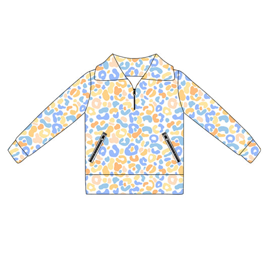 presale GT1069 Baby Girls Long Sleeves Blue Yellow Leopard Pockets Zipper Yoga Jackets D 5.30