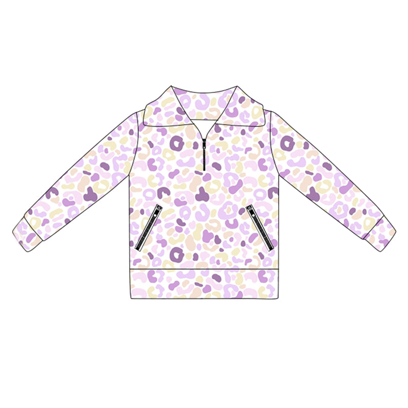 presale GT1073 Baby Girls Long Sleeves Yellow Lavender Leopard Pockets Zipper Yoga Jackets  D 5.30