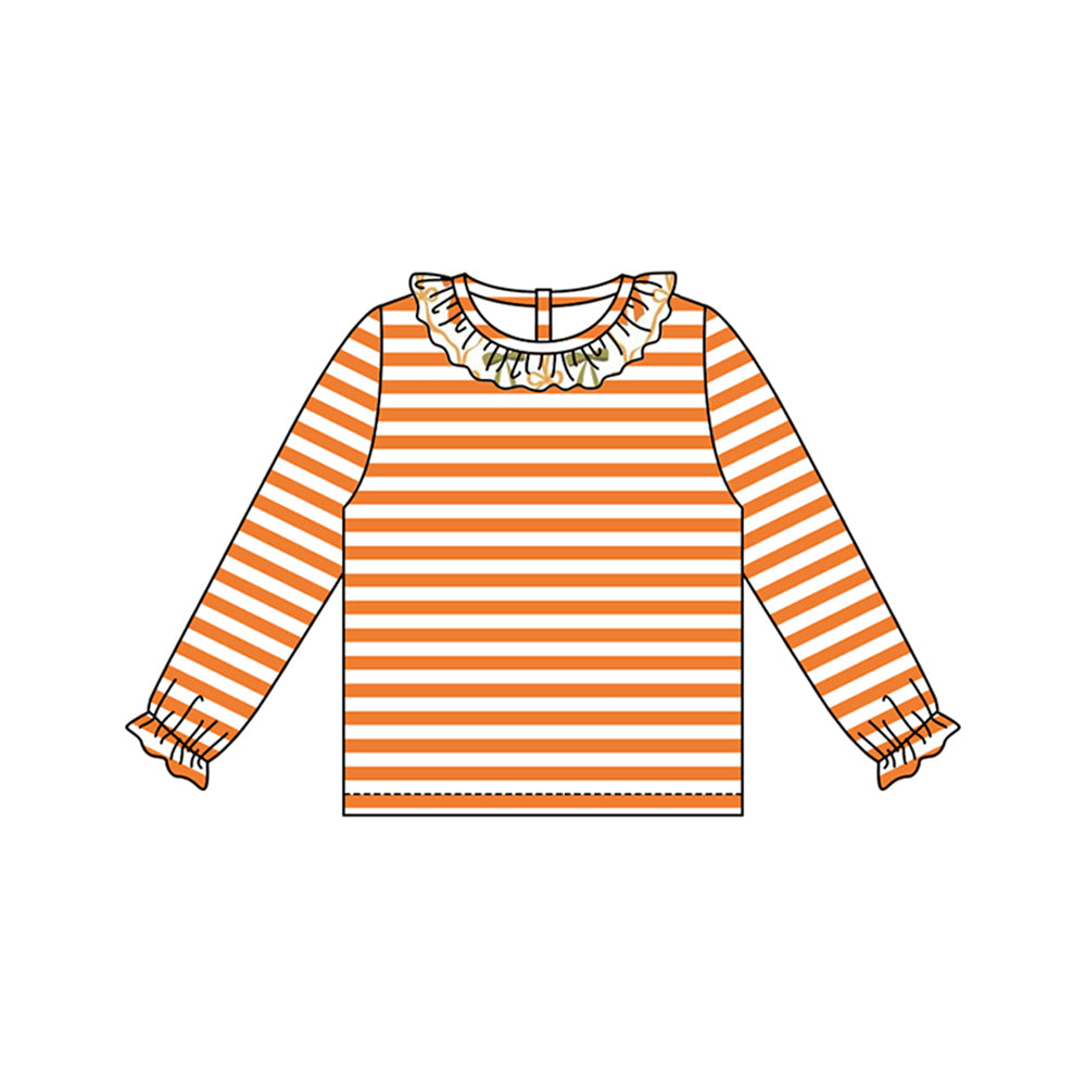 GT1074  Baby Girls Long Ruffle Sleeves Orange Stripes Tee Shirts Top D 6.2
