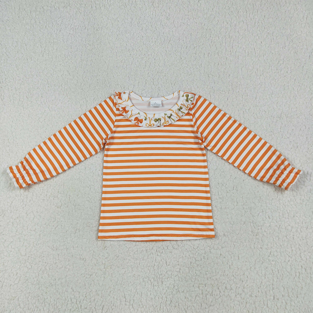 GT1074  Baby Girls Long Ruffle Sleeves Orange Stripes Tee Shirts Top D 6.2