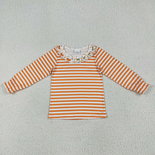 GT1074  Baby Girls Long Ruffle Sleeves Orange Stripes Tee Shirts Top D 6.2