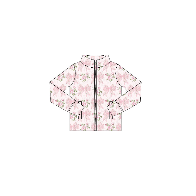 GT1075 Baby Girls Long Sleeves Pink Floral Bows Zipper Pockets Yoga Jacket Top  D 7.14