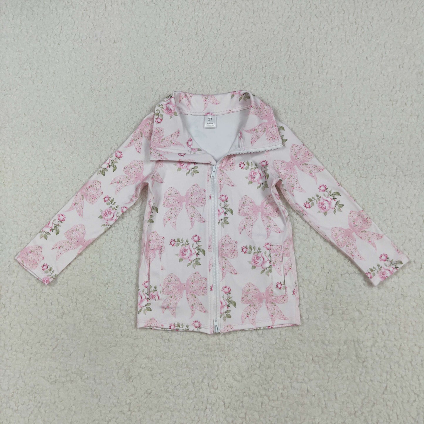 GT1075 Baby Girls Long Sleeves Pink Floral Bows Zipper Pockets Yoga Jacket Top  D 7.14