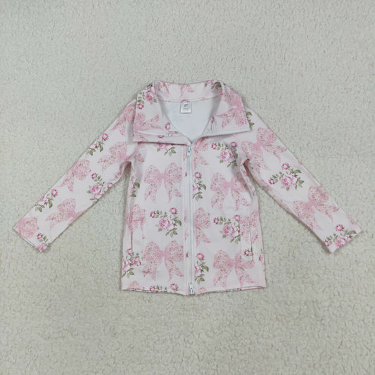 GT1075 Baby Girls Long Sleeves Pink Floral Bows Zipper Pockets Yoga Jacket Top D 7.14