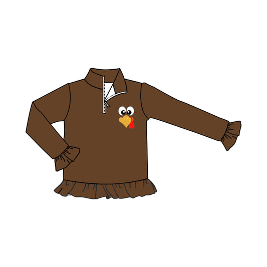 presale GT1076 Baby Girls Brown Long Ruffle Sleeves Zipper Turkey Polo Shirts Top D 6.3