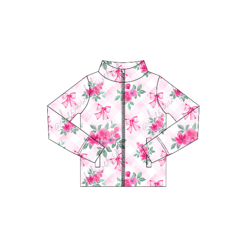 presale GT1081 Baby Girls Long Sleeves Pink Plaid Floral Bows Zipper Pockets Yoga Jacket Top  D 6.4