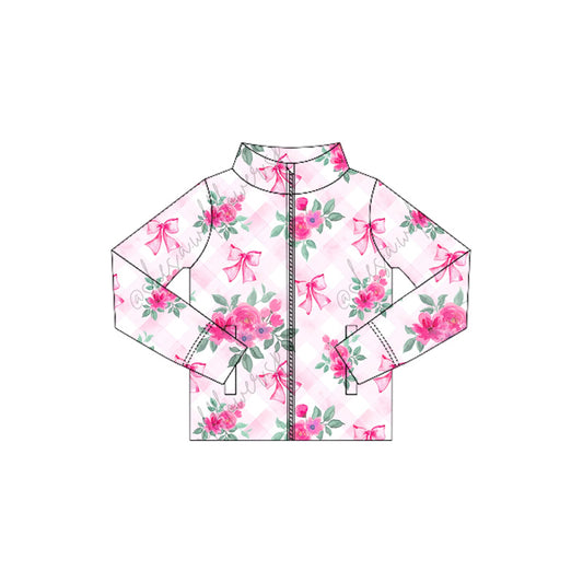 presale GT1081 Baby Girls Long Sleeves Pink Plaid Floral Bows Zipper Pockets Yoga Jacket Top D 6.4
