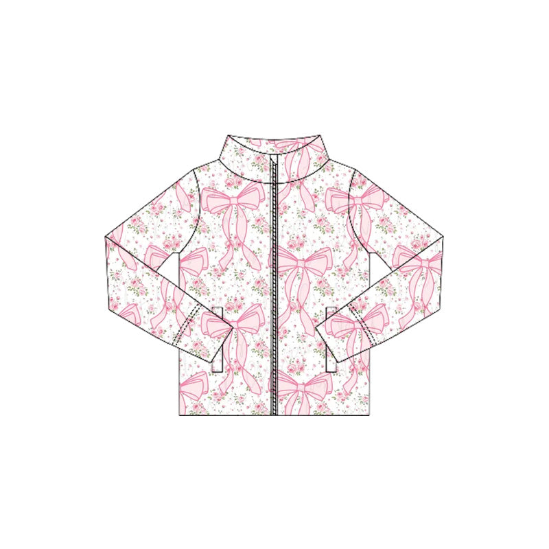 GT1082 Baby Girls Long Sleeves Pink Floral Bows Zipper Pockets Yoga Jacket Top  D 1028