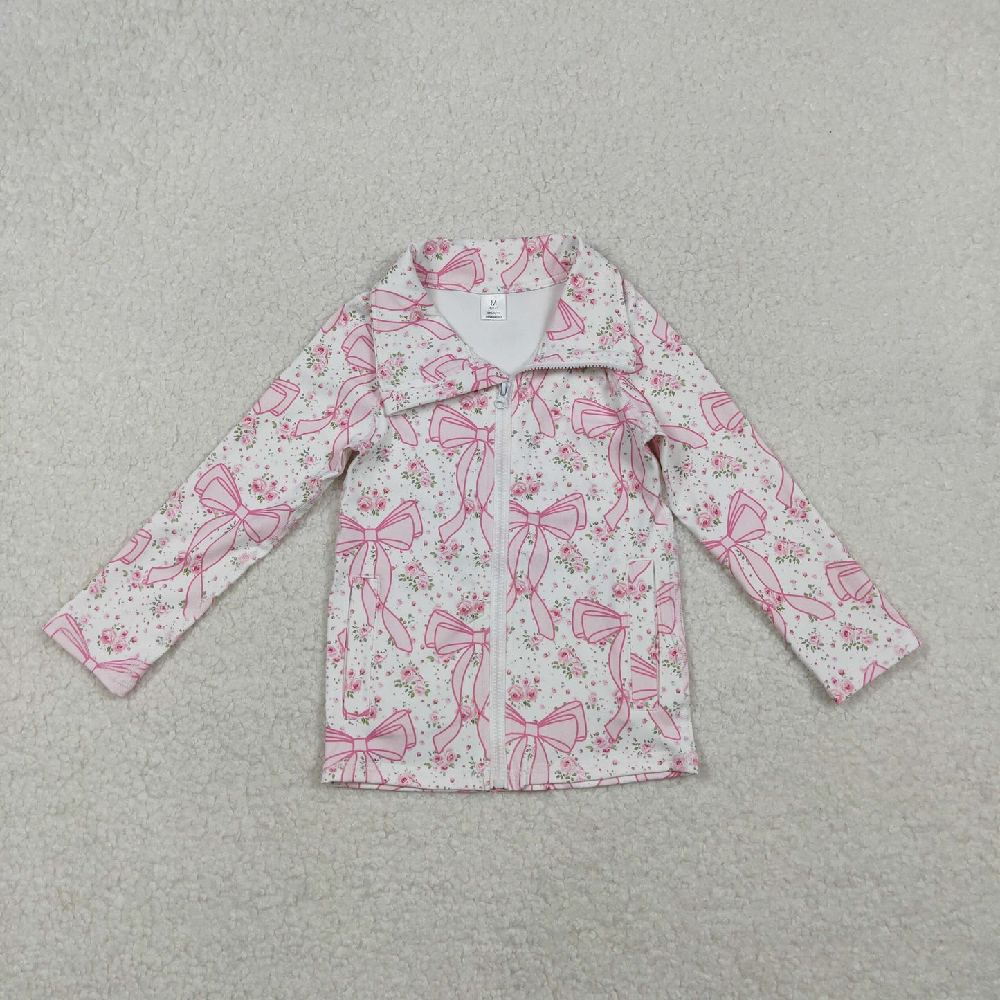 GT1082 Baby Girls Long Sleeves Pink Floral Bows Zipper Pockets Yoga Jacket Top  D 1028