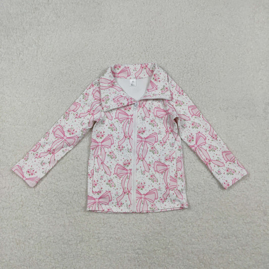 GT1082 Baby Girls Long Sleeves Pink Floral Bows Zipper Pockets Yoga Jacket Top  D 1028