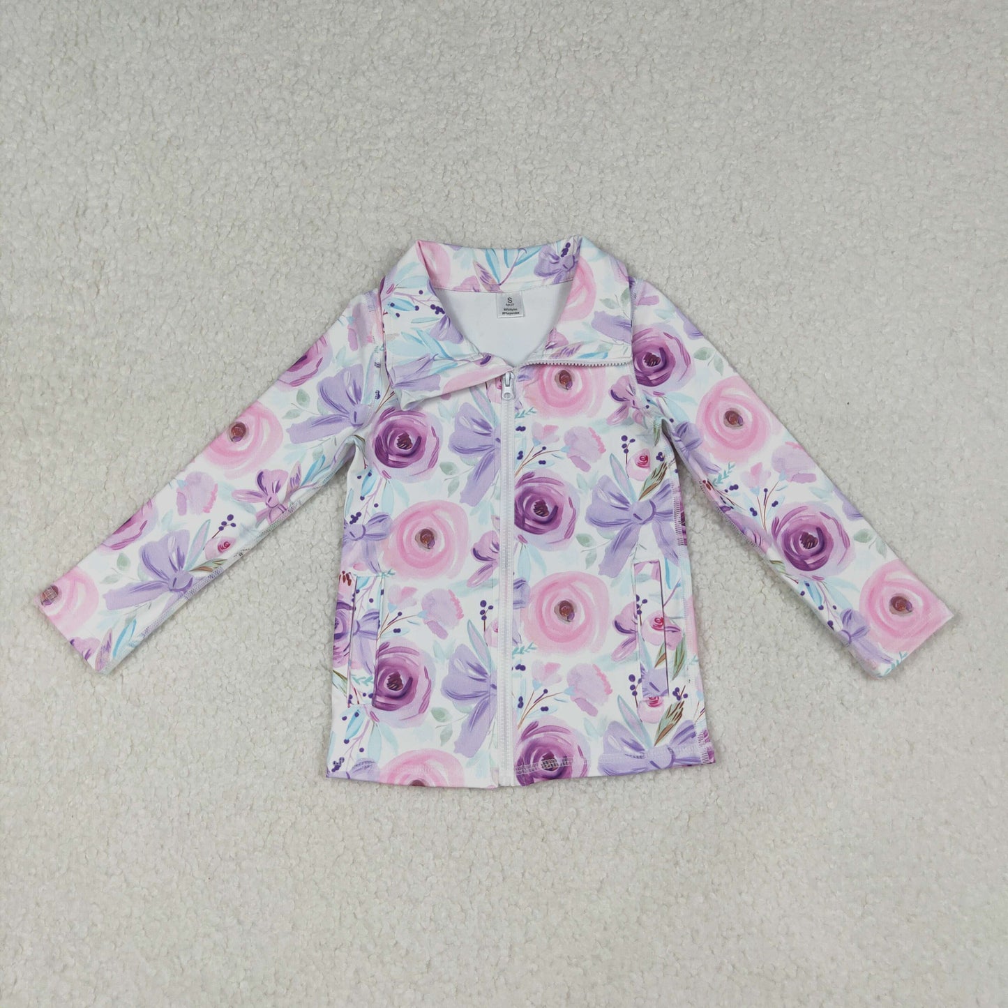 GT1083 Baby Girls Long Sleeves Purple Floral Bows Zipper Pockets Yoga Jacket Top  D 1021