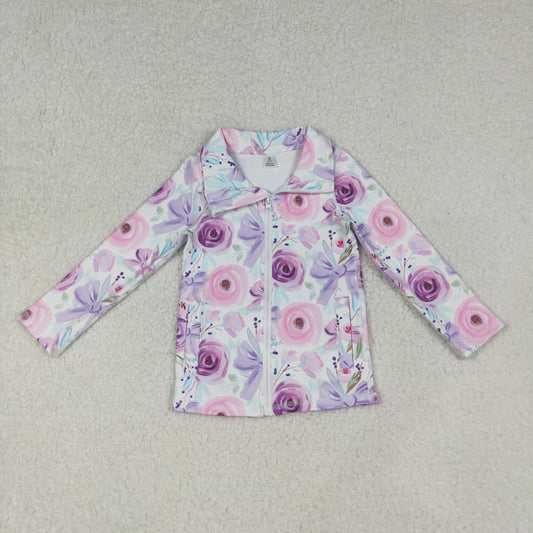 GT1083 Baby Girls Long Sleeves Purple Floral Bows Zipper Pockets Yoga Jacket Top  D 1021