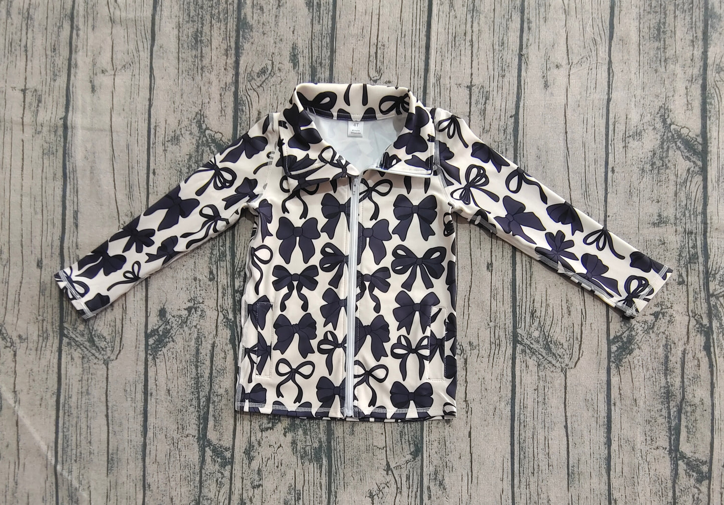 GT1084 Baby Girls Long Sleeves Black Bows Zipper Pockets Yoga Jacket Top D 7.21