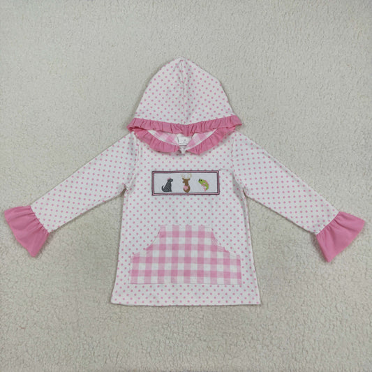 GT1106 Embroidery Dogs Deer Fish Baby Girls Polka Dots Pocket Hoodies Top D 7.3