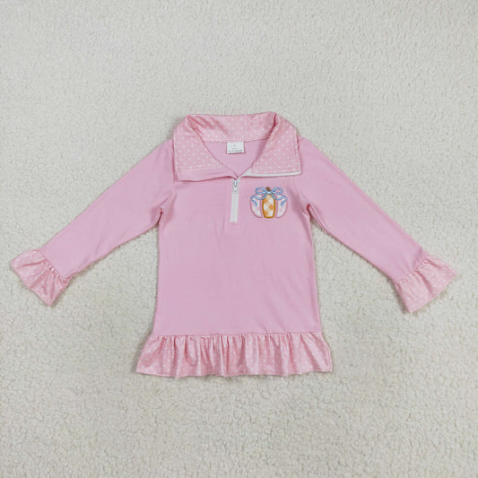 GT1112 Embroidery Pumpkins Baby Girls Pink Zipper Fall Pullover Top D 821