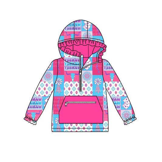 presale GT1119  Baby Girls Long Sleeves Aztec Bull Skull Plaid Pockets Zipper Hoodies Top   D 7.16