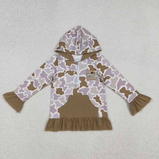 GT1134 Embroidery Dog Ducks Baby Girls Brown Camo Pocket Zip Hunting Hoodies Top  D 930
