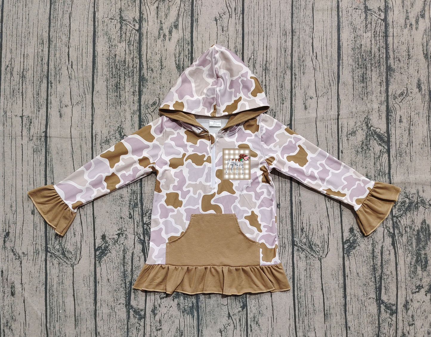 GT1134 Embroidery Dog Ducks Baby Girls Brown Camo Pocket Zip Hunting Hoodies Top  D 930