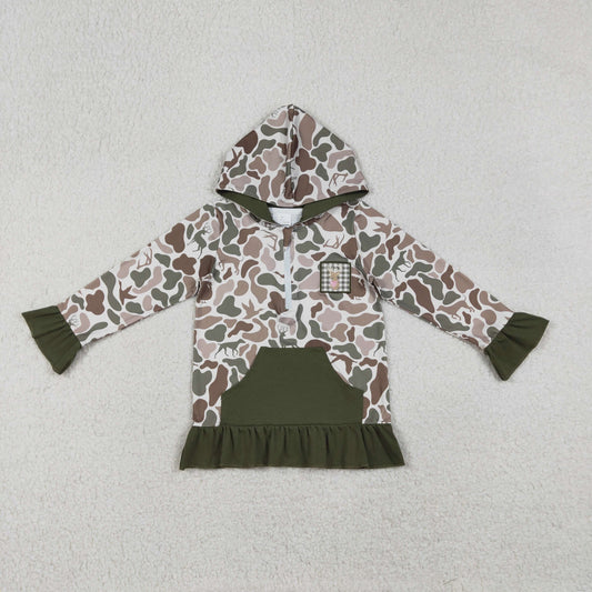 Baby Girls Green Camo Zipper Hoodie with Embroidery Deer Pockets Hunting Top for Kids