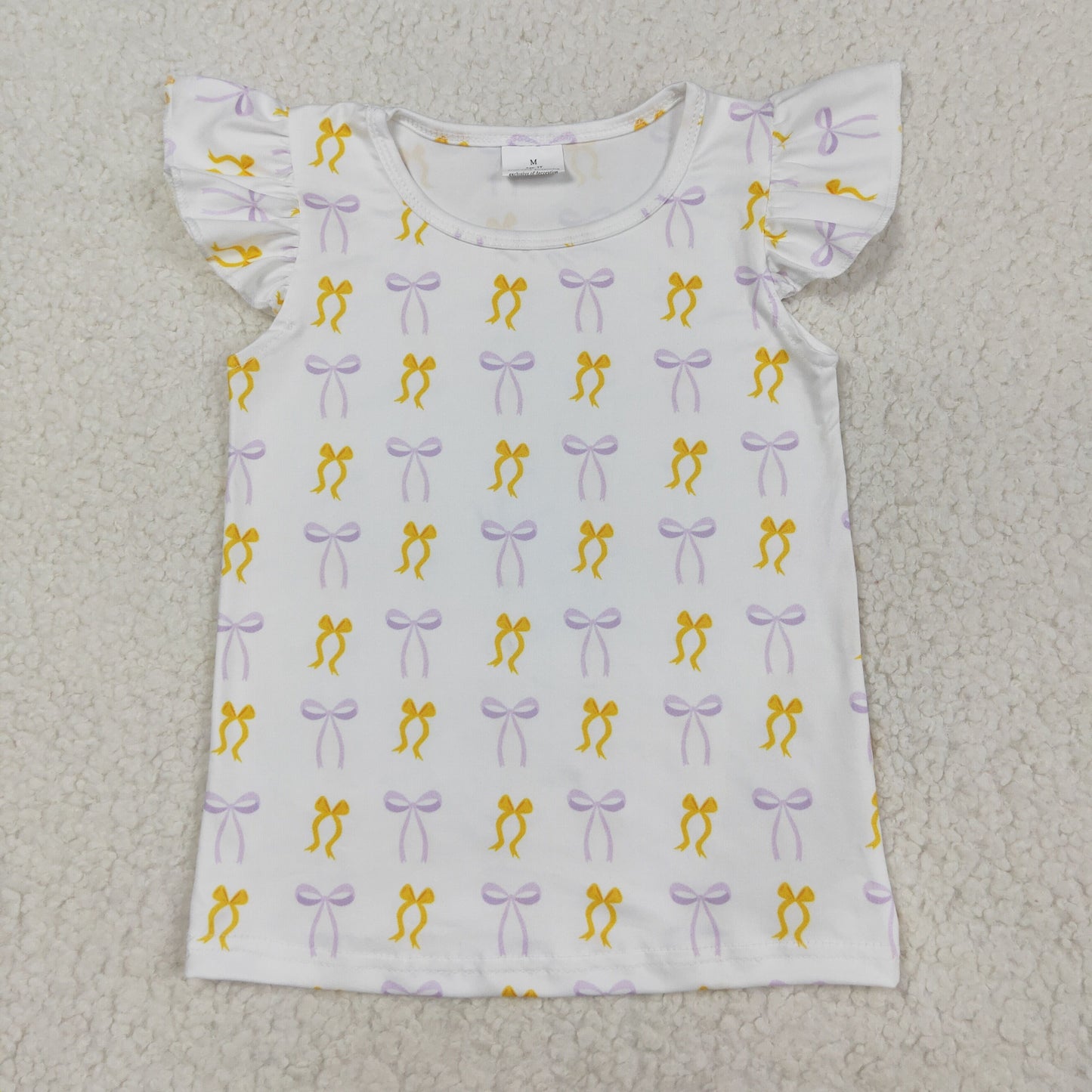 GT1147  Baby Girls Flutter Sleeves Yellow Purple Bows Plaid Tee Shirts Top  D 8.5