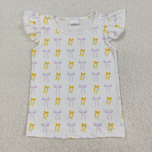GT1147  Baby Girls Flutter Sleeves Yellow Purple Bows Plaid Tee Shirts Top  D 8.5