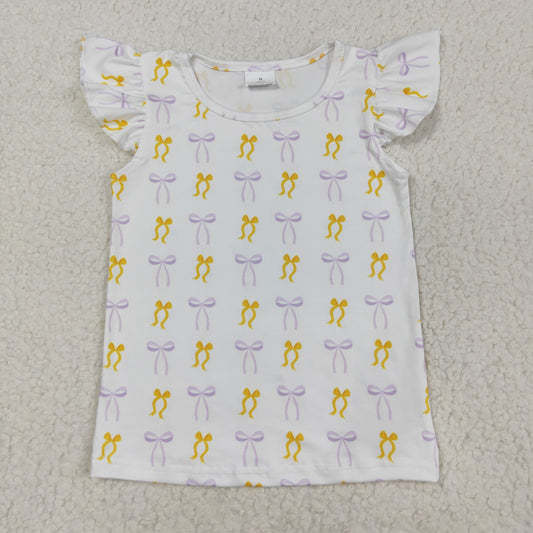 GT1147 Baby Girls Flutter Sleeves Yellow Purple Bows Plaid Tee Shirts Top D 8.5
