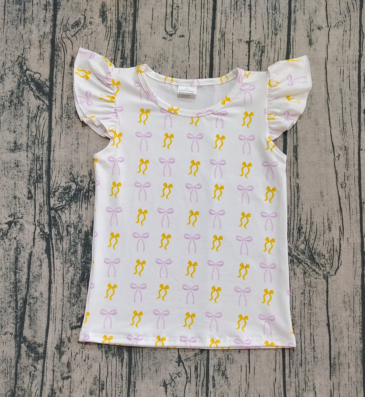 GT1147  Baby Girls Flutter Sleeves Yellow Purple Bows Plaid Tee Shirts Top  D 8.5