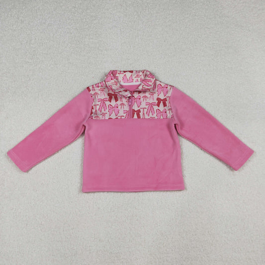 GT1149 Baby Girls Pink Bows Plaid Half Zipper Pullover Top D 926