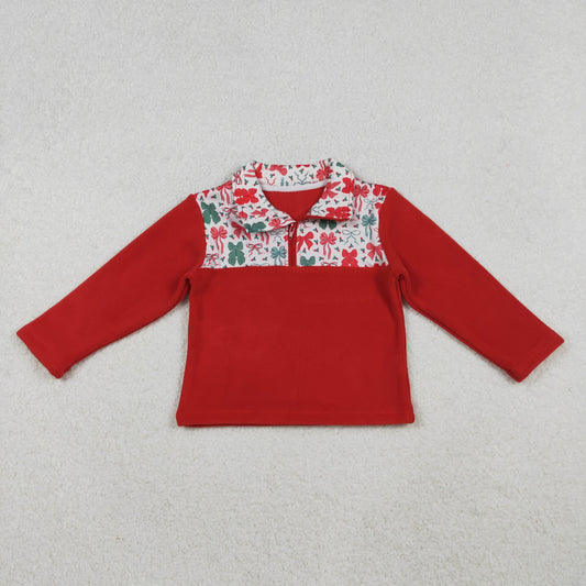 GT1150 Baby Girls Red Green Bows Christmas Half Zipper Pullover Top D 1022