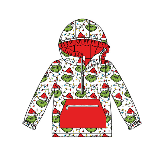 presale GT1163 Baby Girls Christmas Lights Green Face Plaid Pocket Zipper Hoodies Top D 816