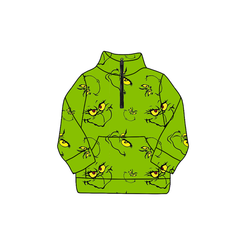 GT1170 Baby Girls Green Face Plaid Pockets Zipper Christmas Pullovers Top  D 904