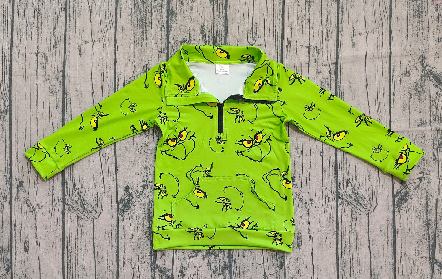 GT1170 Baby Girls Green Face Plaid Pockets Zipper Christmas Pullovers Top  D 904