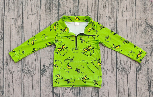 presale GT1170 Baby Girls Green Face Plaid Pockets Zipper Christmas Pullovers Top  D 904