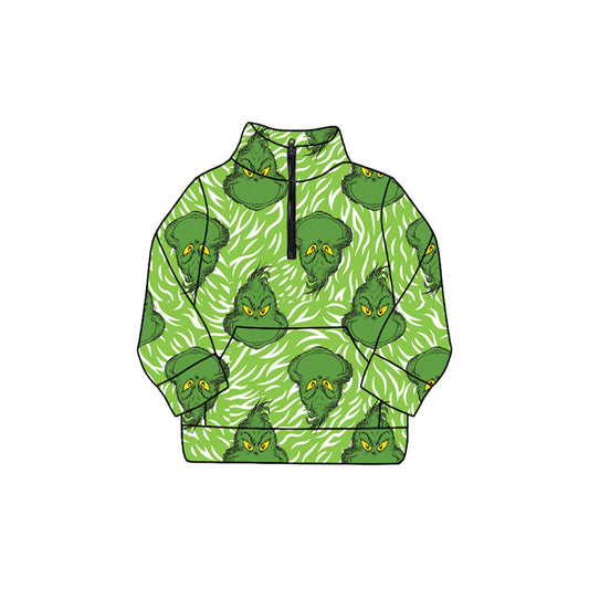 presale GT1171  Baby Girls Green Face Fur Print Pockets Zipper Christmas Pullovers Top D 829