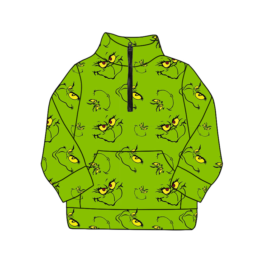 GT1173 Adult Women Green Face Plaid Pocket Zipper Pullover Tops  D 904