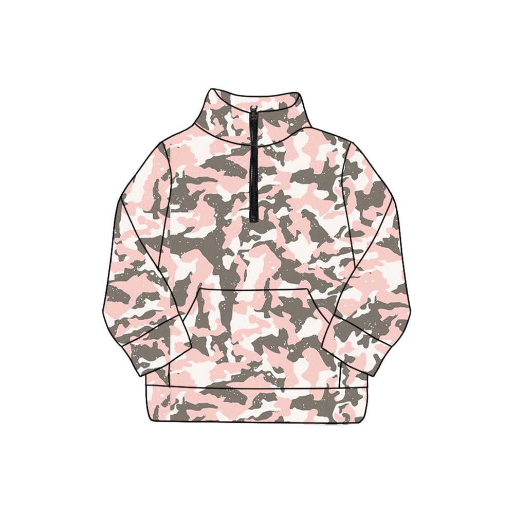presale GT1175 Adult Women Pink Gray Camo Pocket Zipper Yoga Pullover Tops  D 830